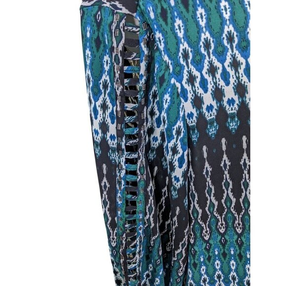 Cato Blouse Women Plus 26/28 Ikat Blue Green Boho Artsy Sleeve Ladder Cutout - Picture 6 of 9